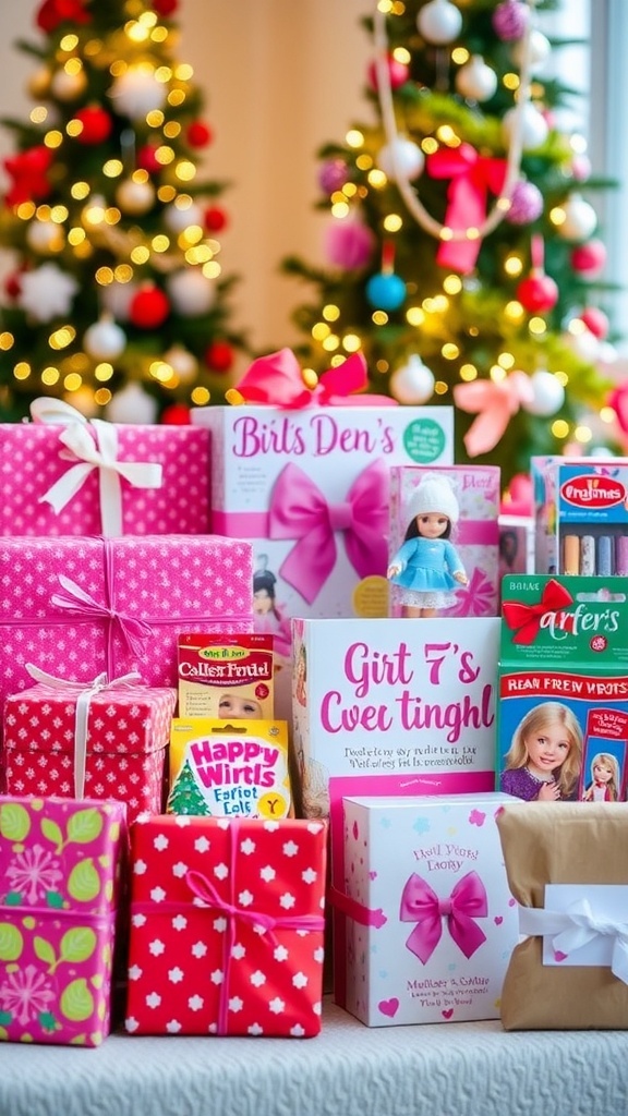 Top Christmas Gift Ideas for Girls Aged 5-7 A variety of Christmas gifts for young girls, including toys and books, arranged under a Christmas tree.